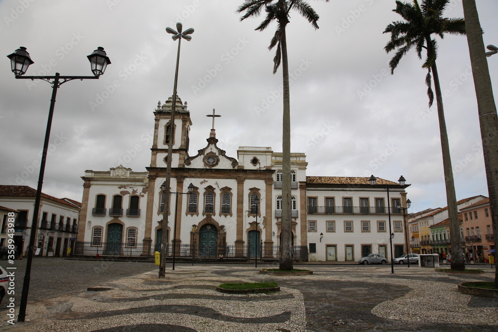 View of Catholic Sao Domingos Gusmao Church and Terreiro de Jesus Square in Pelourinho, the historic center of Salvador, Bahia, Brazil.