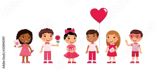 Little boys and girls dating, celebrating Valentines Day flat vector illustration. Young girlfriends and boyfriends isolated cartoon characters set. Children with February 14 presents
