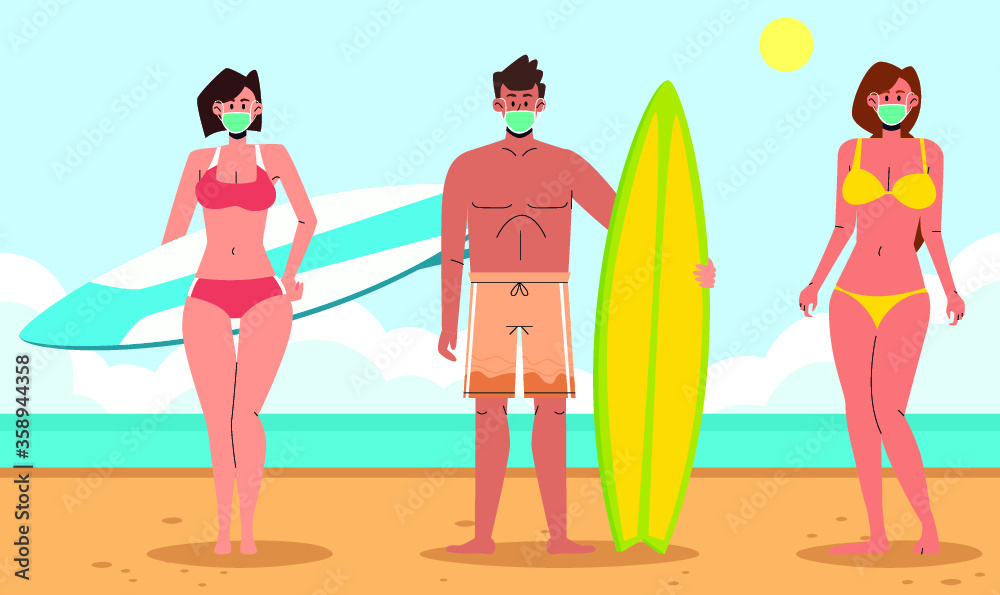 New normal, Lovely summer  with girl, boy and surfboard with mask. Best summertime commercial for tropical resort. Vector illustration