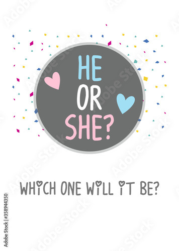 He or she? Gender reveal party card, banner vector element design