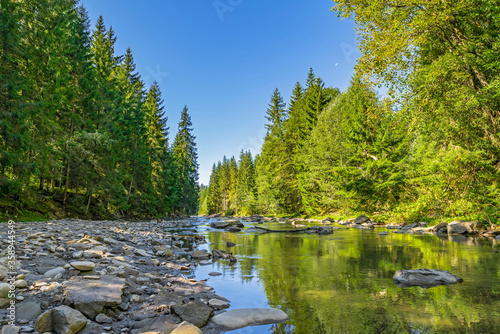 Fototapeta Naklejka Na Ścianę i Meble -  Mountain wild river flowing through stone coast at forest