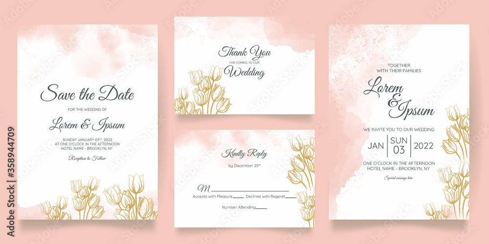 watercolo wedding invitation card template set with  floral decoration