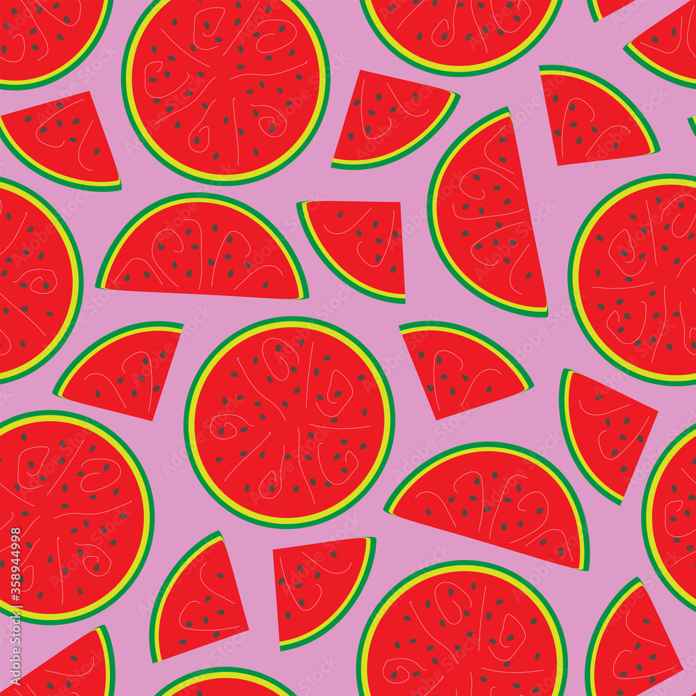 seamless pattern of red watermelons cut in half and slices on a dark pink background seamless pattern of red watermelons cut in half and slices on a dark pink background
