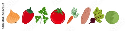 Culinary set. Tomato, sweet pepper, onions, beets, parsley, carrots, greens, potatoes, cabbage. Cartoon style