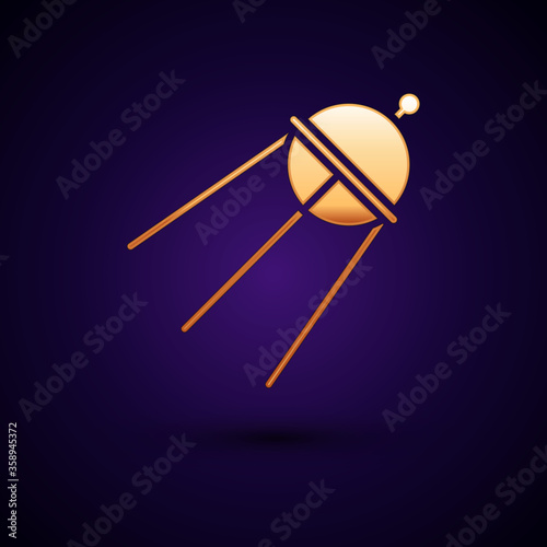Gold Satellite icon isolated on black background. Vector Illustration.
