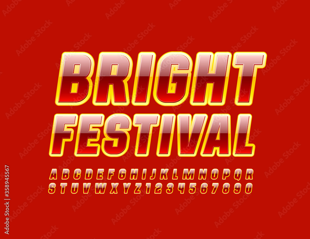 Vector stylish logo Bright Festival. Bright Colorful Font. Glossy Alphabet Letters and Numbers.