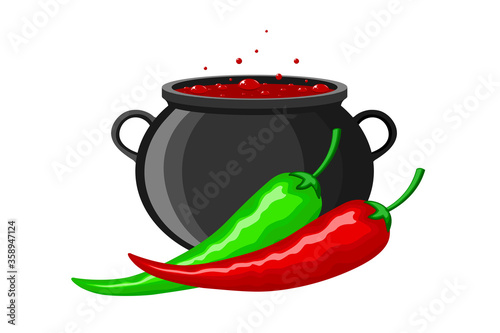 Hot mexican peppers. Green and red peppers on the background of a cauldron with hot simmering Mexican dish. Vector