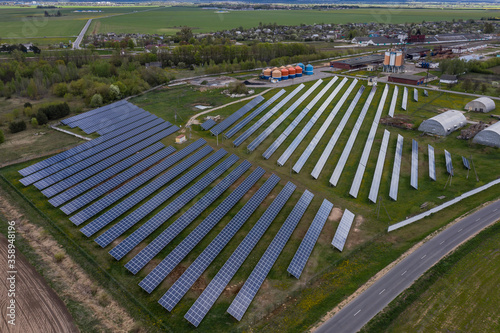 Solar panels in beautiful countryside.Eastern Europe. Aerial photography