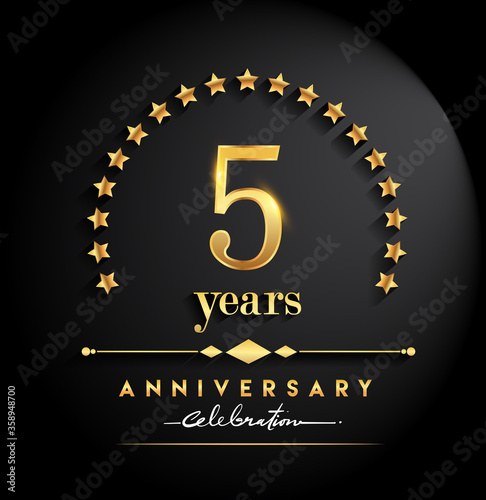 5th years anniversary celebration. Anniversary logo with stars and elegant golden color isolated on black background, vector design for celebration, invitation card, and greeting card