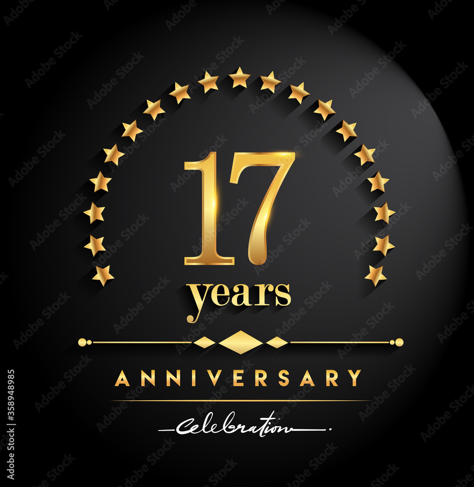 17th years anniversary celebration. Anniversary logo with stars and elegant golden color isolated on black background, vector design for celebration, invitation card, and greeting card