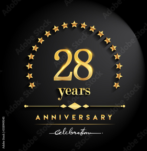 28th years anniversary celebration. Anniversary logo with stars and elegant golden color isolated on black background, vector design for celebration, invitation card, and greeting card