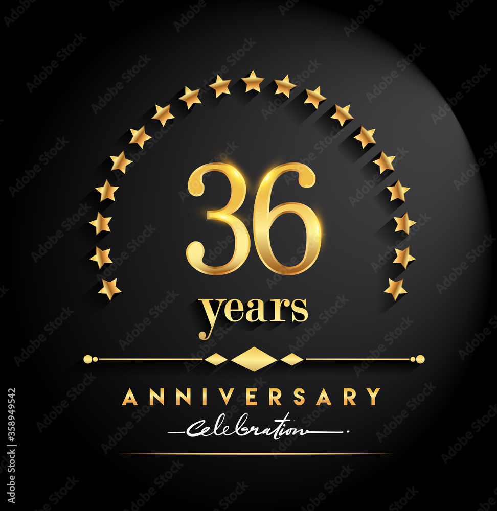 36th years anniversary celebration. Anniversary logo with stars and elegant golden color isolated on black background, vector design for celebration, invitation card, and greeting card 36th years anniversary celebration. Anniversary logo with stars and elegant golden color isolated on black background, vector design for celebration, invitation card, and greeting card