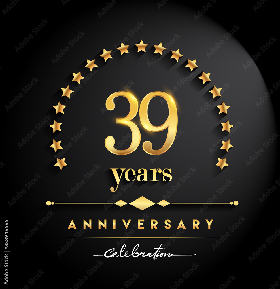 39th years anniversary celebration. Anniversary logo with stars and elegant golden color isolated on black background, vector design for celebration, invitation card, and greeting card 39th years anniversary celebration. Anniversary logo with stars and elegant golden color isolated on black background, vector design for celebration, invitation card, and greeting card