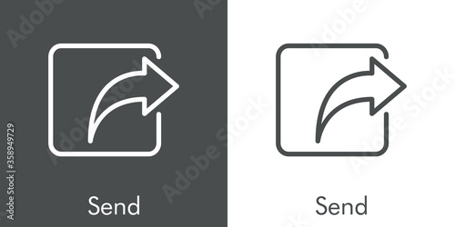 Icono plano lineal palabra Send con flecha curva en cuadrado en fondo gris y fondo blanco