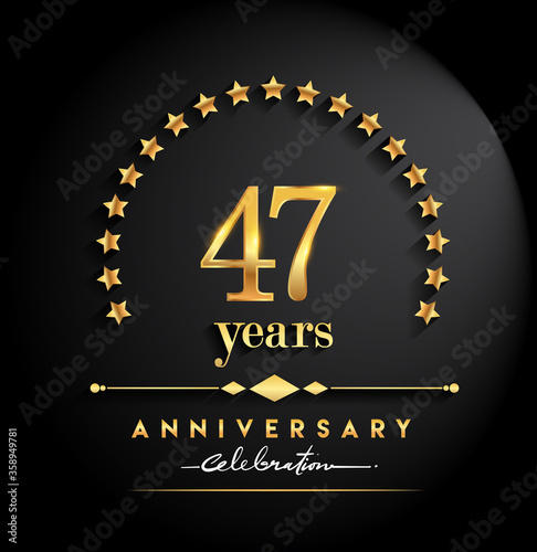 47th years anniversary celebration. Anniversary logo with stars and elegant golden color isolated on black background, vector design for celebration, invitation card, and greeting card