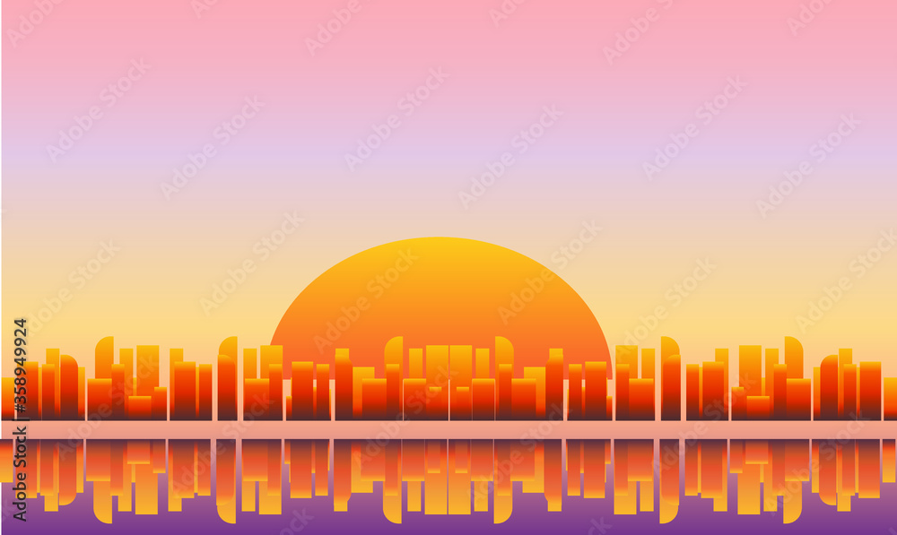 Sunset over the city and the reflection of buildings in the water. Vector illustration, color background, eps 10. Sunset over the city and the reflection of buildings in the water. Vector illustration, color background, eps 10.