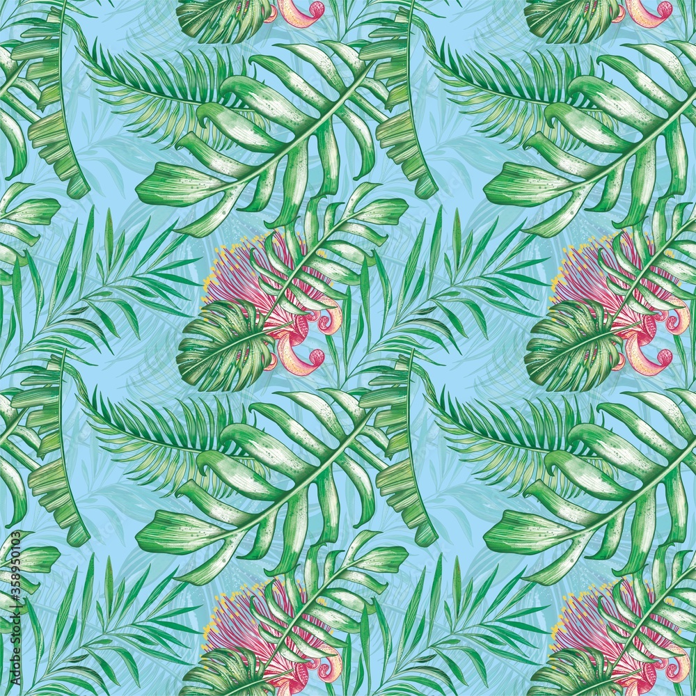 Naklejka premium Tropical seamless print. With bright exotic flowers and leaves. Great for packaging, fabric and posters.