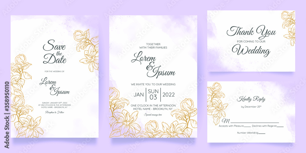 Fototapeta premium watercolor wedding invitation card template set with floral decoration