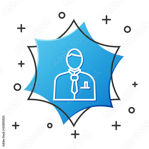 White line Businessman or stock market trader icon isolated on white background. Blue hexagon button. Vector Illustration.