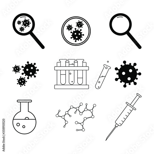 Drug research and development laboratory. Diagnosis, antiviral serum, test tubes, virus structure, study of the causative agent of infection. Vector icons set isolated on a white background.