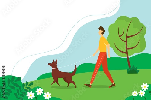 Man walking with the dog in the Park. The concept of an active lifestyle. Cute summer illustration in flat style.