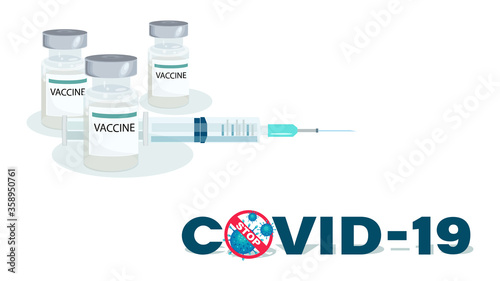 Vaccine bottles, medical syringe. Isolated vector Illustration, poster antiviral vaccine in flat style. 