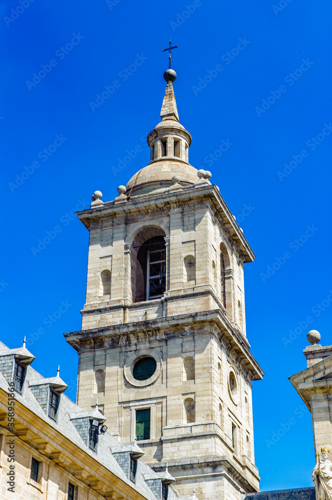 Fototapeta premium It's Bell tower of the Royal Seat of San Lorenzo de El Escorial, Spain. UNESCO world heritage