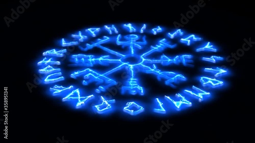 This is Animated Runic Sign. Runic Circle in blue flame, Futhark 4k.