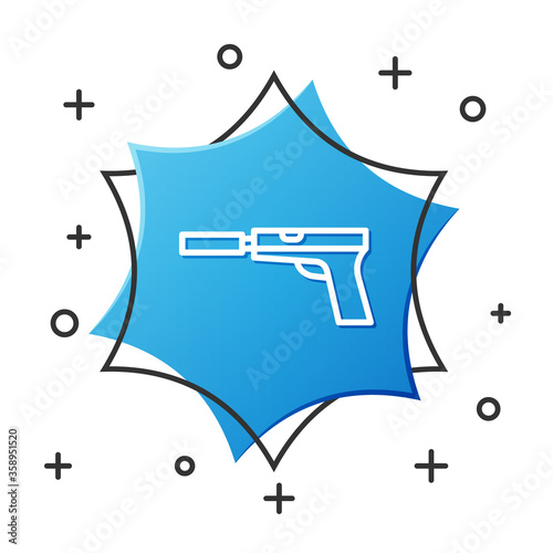 White line Pistol or gun with silencer icon isolated on white background. Blue hexagon button. Vector Illustration.