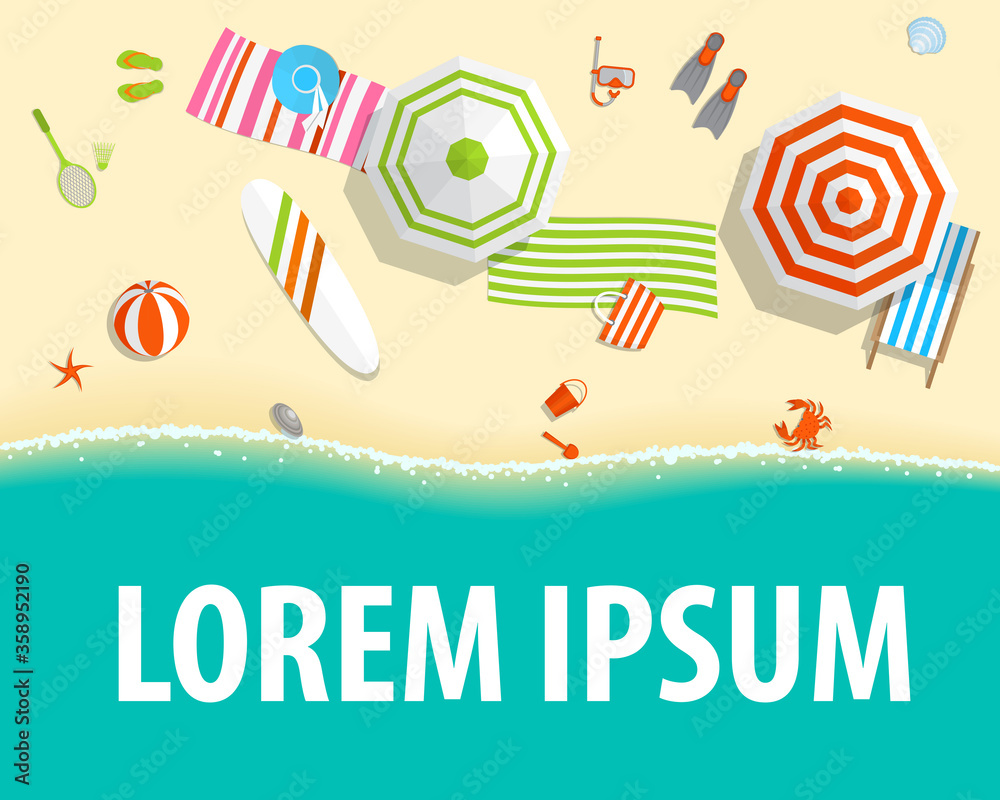 Vector illustration. Sunny beach view from above. Summertime - sea, sand, umbrellas, towels, clothes, objects. (Top view) Vector illustration. Sunny beach view from above. Summertime - sea, sand, umbrellas, towels, clothes, objects. (Top view)