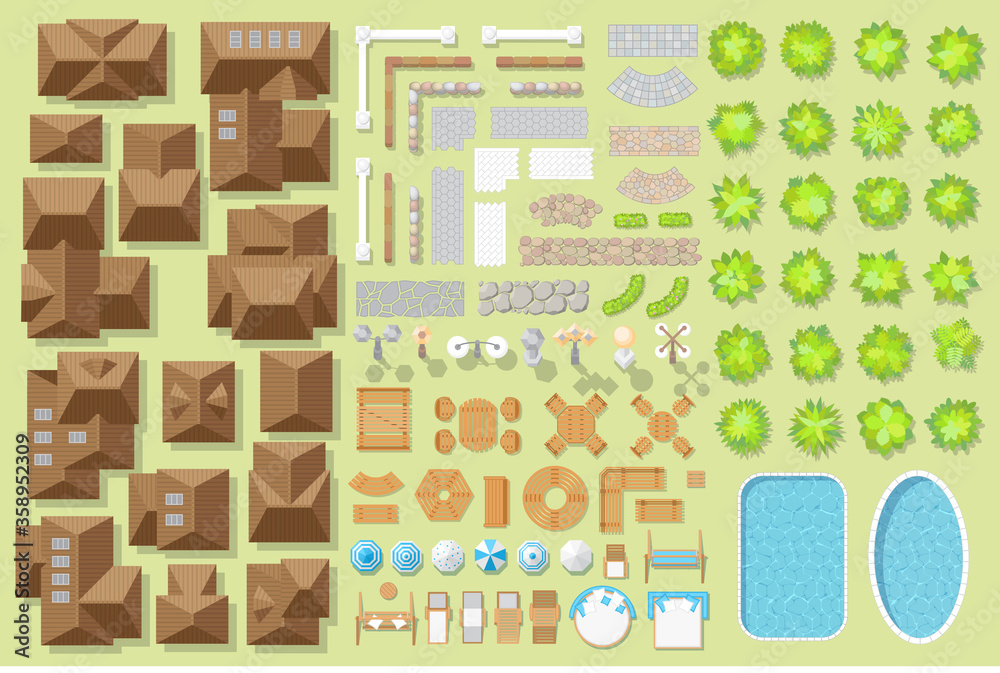 Set of landscape elements. Houses, architectural elements, furniture, plants. Top view. Fences, paths, lights, furniture, houses, trees, pools. View from above. 