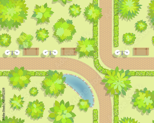 Seamless pattern. Park top view. Various trees, paths, benches, lights, pond. View from above. 