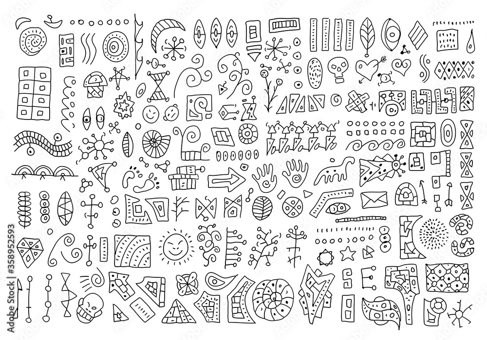 Vector doodle set. Ethnic elements for design, primitive art.
Hand drawing simple sketches. - obrazy, fototapety, plakaty 