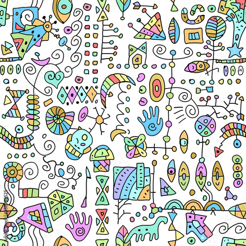 Seamless ethnic pattern. Primitive art. Hand drawing simple sketches.