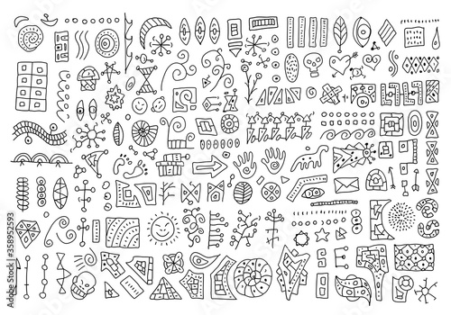 Vector doodle set. Ethnic elements for design  primitive art. Hand drawing simple sketches.