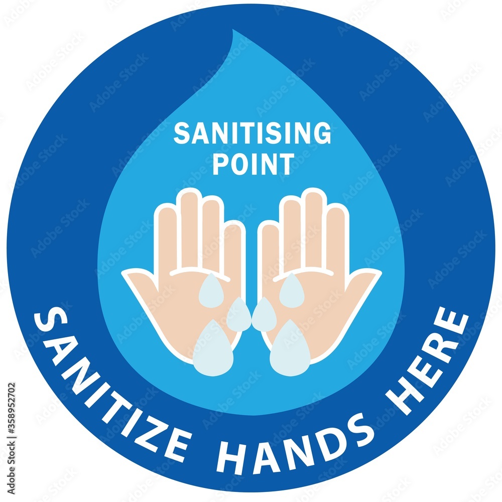 Social distancing concept for preventing coronavirus covid-19 with wash hands icon and wording sanitising point in white color on blue background Social distancing concept for preventing coronavirus covid-19 with wash hands icon and wording sanitising point in white color on blue background