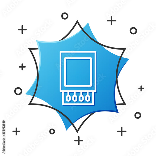 White line Open matchbox and matches icon isolated on white background. Blue hexagon button. Vector Illustration.