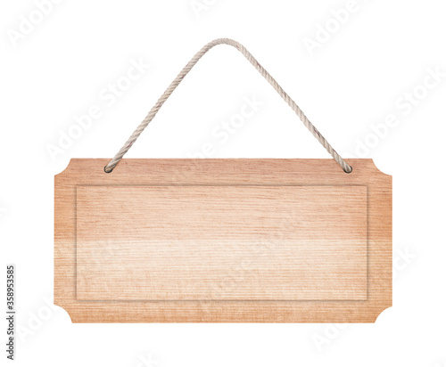 empty wooden sign frame with lope for hang on white background with clipping path