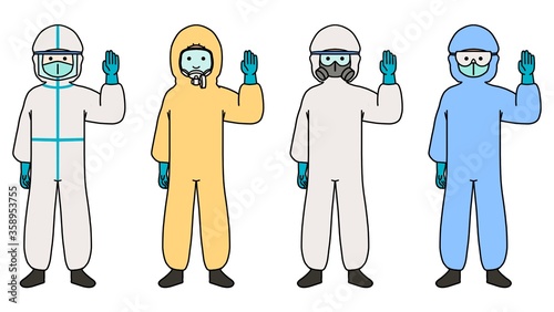 cute first response doctor greeting in protective hazmat suit cartoon