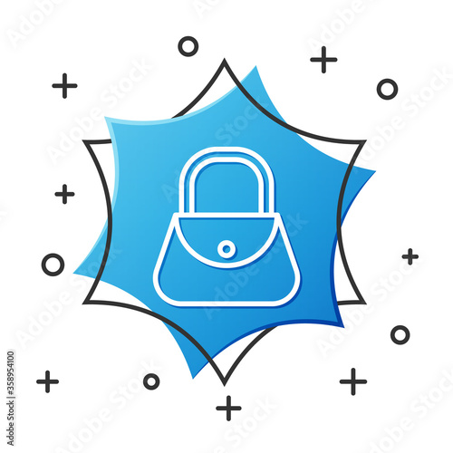 White line Handbag icon isolated on white background. Female handbag sign. Glamour casual baggage symbol. Blue hexagon button. Vector Illustration.