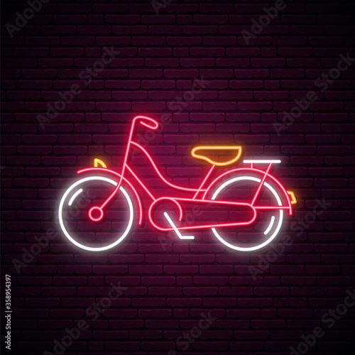 Neon bike sign. Glowing retro Bicycle emblem on brick wall background. Vector illustration in neon style.