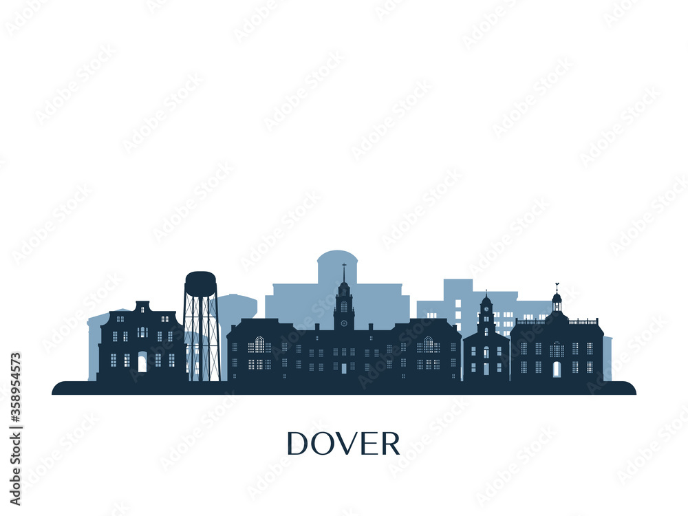 Dover skyline, monochrome silhouette. Vector illustration.
