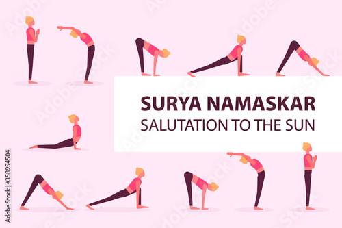 Vector flat illustration of yoga poses. Salutation to the sun icons.  Surya namaskar sequence.
