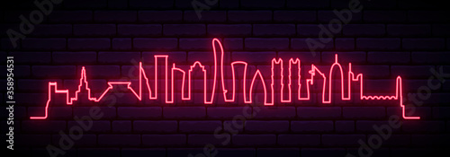Red neon skyline of Doha city. Bright Doha long banner. Vector illustration.