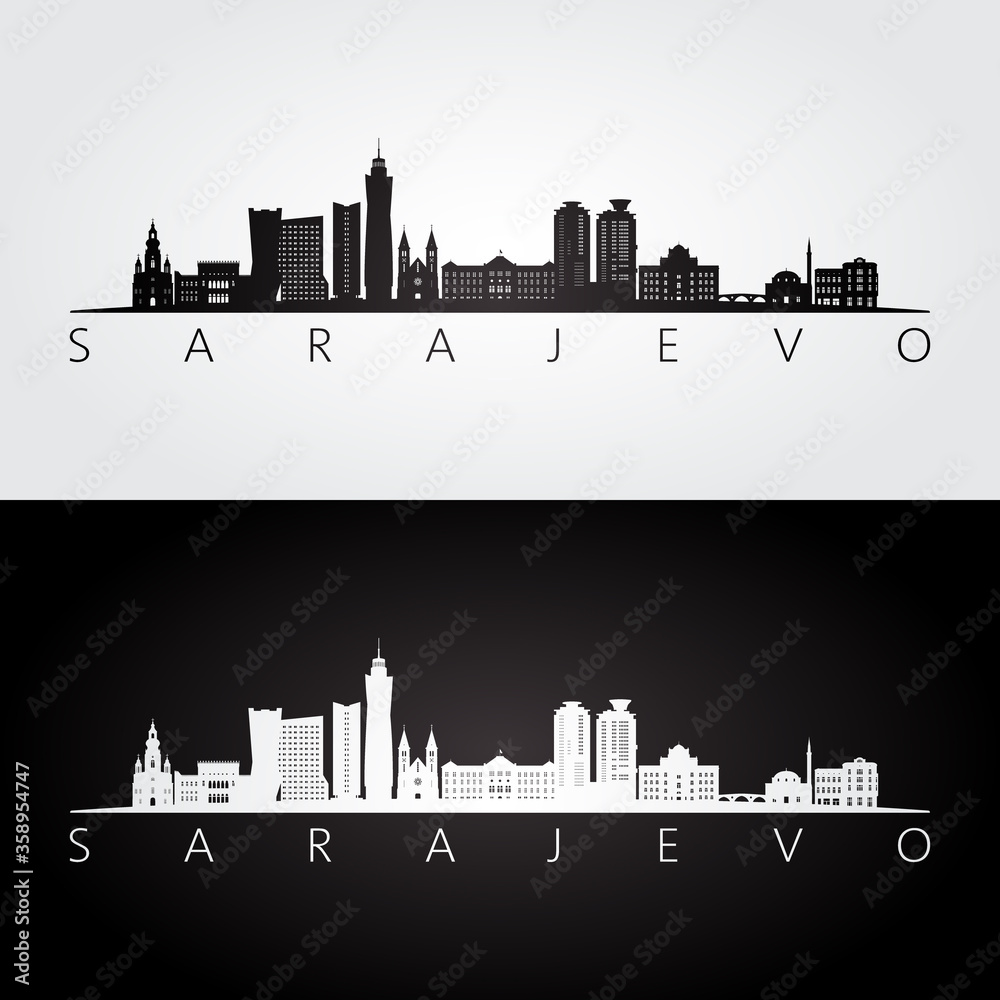 Sarajevo skyline and landmarks silhouette, black and white design, vector illustration.