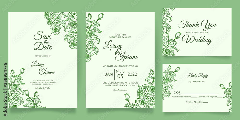 watercolor wedding invitation card template set with floral decoration