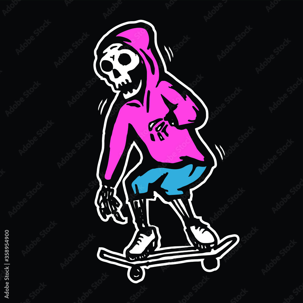 Vecteur Stock Cartoon skull skateboard isolated on a black background,  Design element for logo, poster, card, banner, emblem, t shirt. Vector  illustration | Adobe Stock
