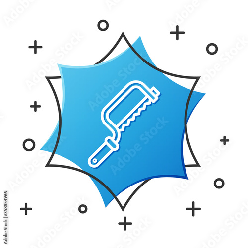 White line Hacksaw icon isolated on white background. Metal saw for wood and metal. Blue hexagon button. Vector Illustration.