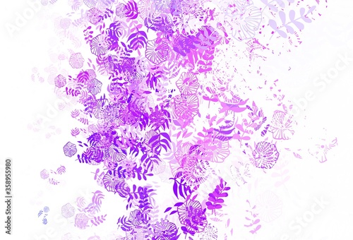 Light Purple, Pink vector doodle background with leaves, flowers.