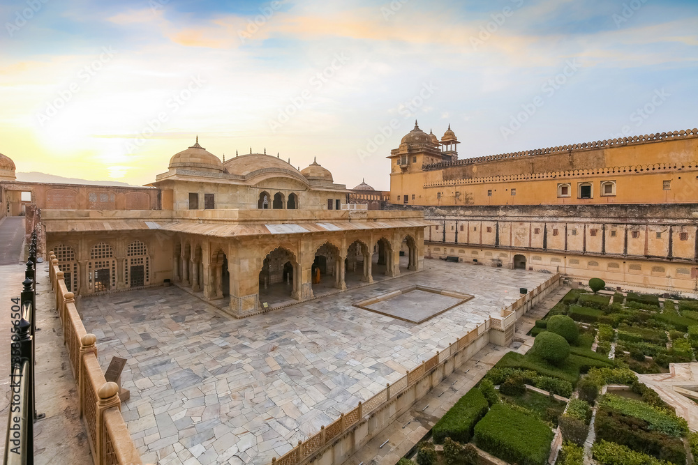 Aerial view of Amber Fort medieval royal palace white marble architecture at Jaipur, Rajasthan, India. built in the year 1592 Amer Fort is a UNESCO World Heritage site and popular tourist destination